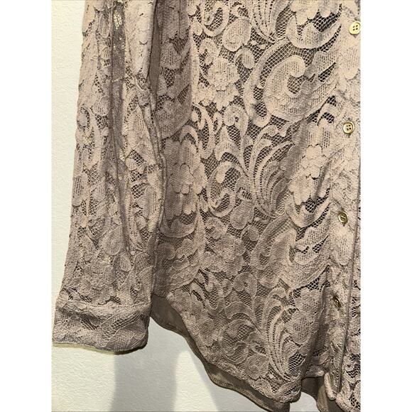 Chicos Blouse Womens Medium Taupe Lace Floral Feminine Romantic Button Up - Picture 5 of 11